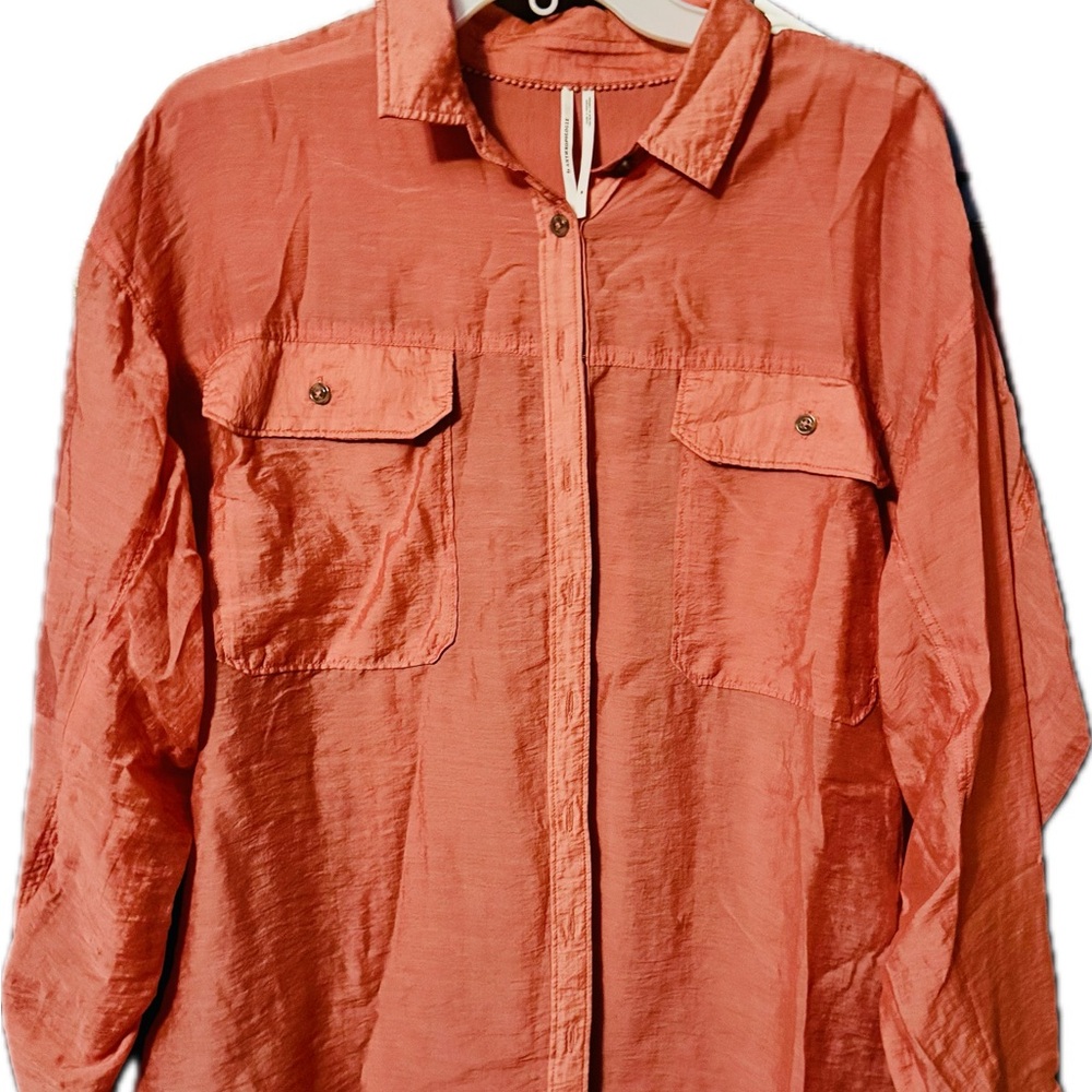 Anthropologie Sz L Coral Pink Relaxed Glossy Classic Oversized Button Blouse - Picture 3 of 8